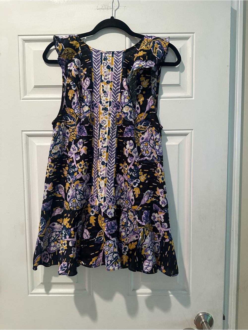 Free People Black Floral Sleeveless Tunic with Purple and Mustard Accents